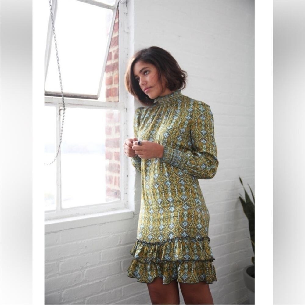 ANNA SUI green high neck floral ruffle hem dress size 10 L